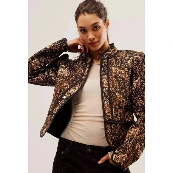 New Free People Zoey Jacket Quilted Fall Paisley Print Collarless Black - Picture 11 of 13